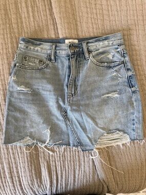 pistola Light Blue Distressed Denim Mini Skirt with Frayed Hem